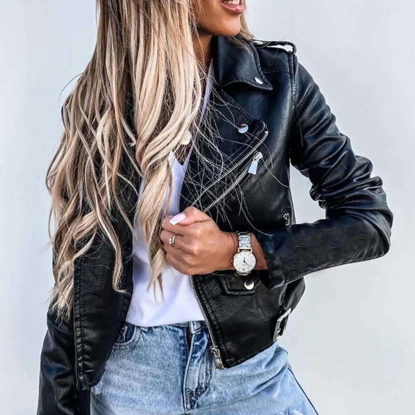 Carly | Leather Jacket with Belt and Stand-Up Collar
