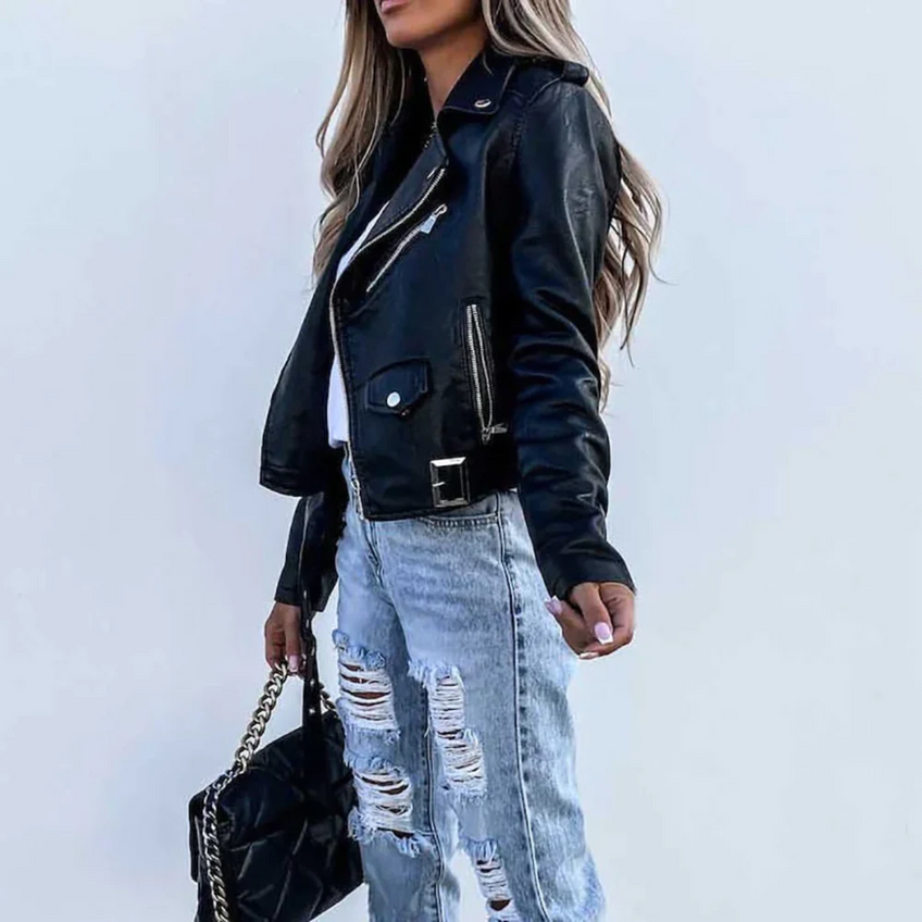 Carly | Leather Jacket with Belt and Stand-Up Collar