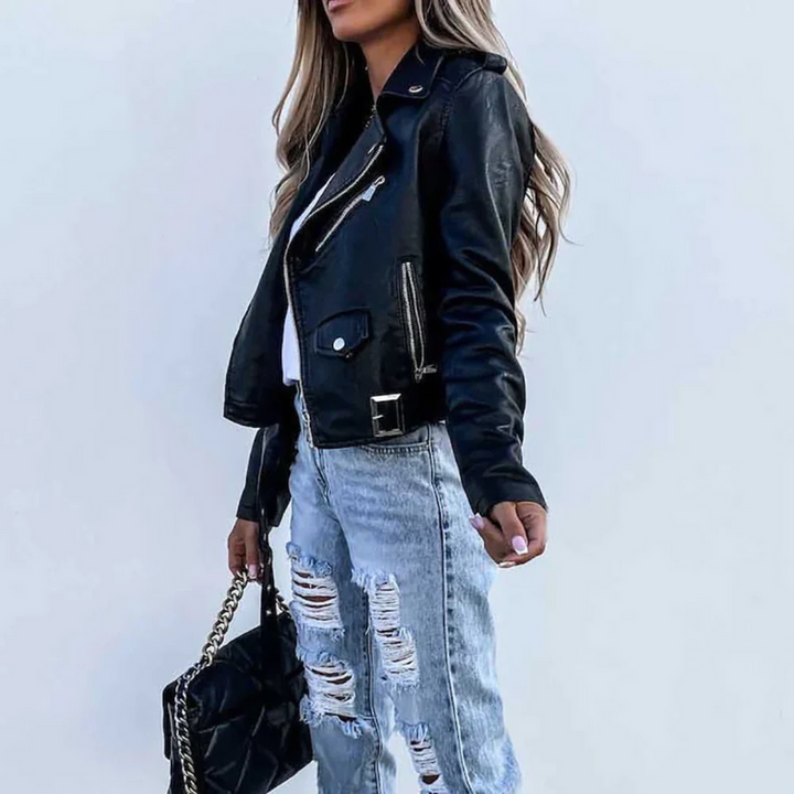 Carly | Leather Jacket with Belt and Stand-Up Collar