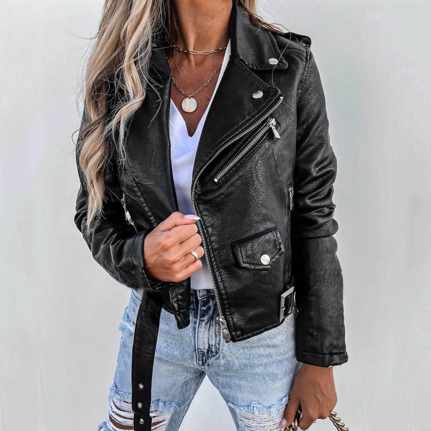Carly | Leather Jacket with Belt and Stand-Up Collar