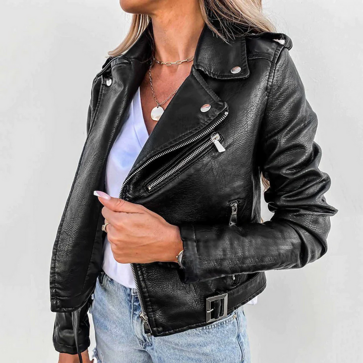 Carly | Leather Jacket with Belt and Stand-Up Collar