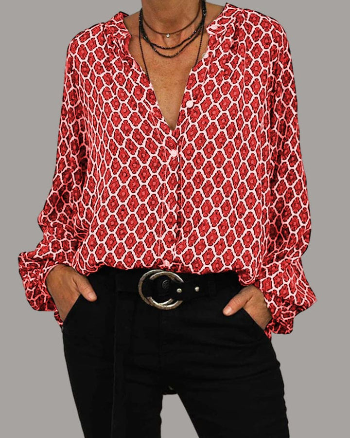 Geometric Print Blouse with Ruffle Collar and Long Sleeves