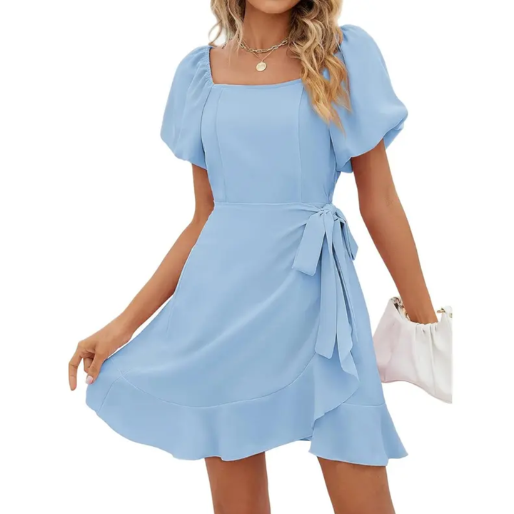 Donna - Square Neck Puff Sleeve Belted A-Line Mini Dress