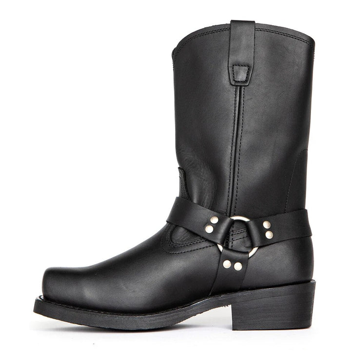 Mens Cowboy Boots with Harness Strap and Mid-Calf Shaft, Full-Grain Leather