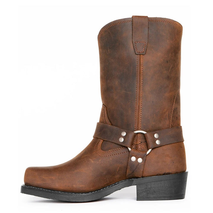 Mens Cowboy Boots with Harness Strap and Mid-Calf Shaft, Full-Grain Leather
