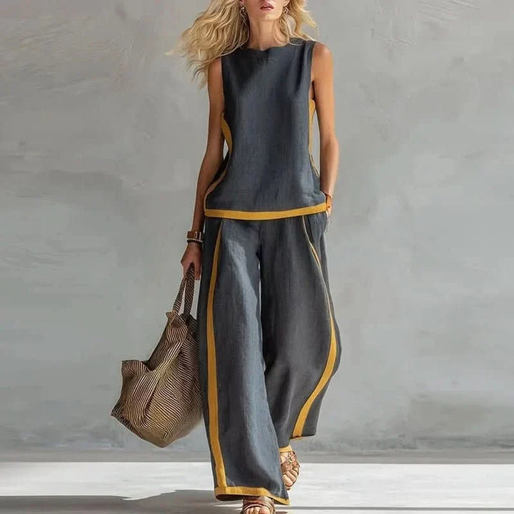 Sleeveless O Neck Top And High Waist Pants Set