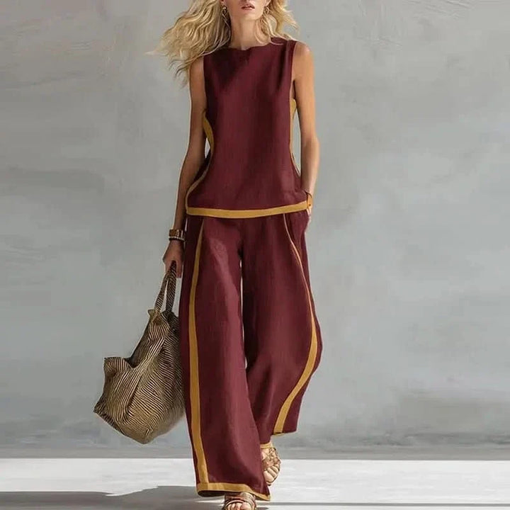Sleeveless O Neck Top And High Waist Pants Set