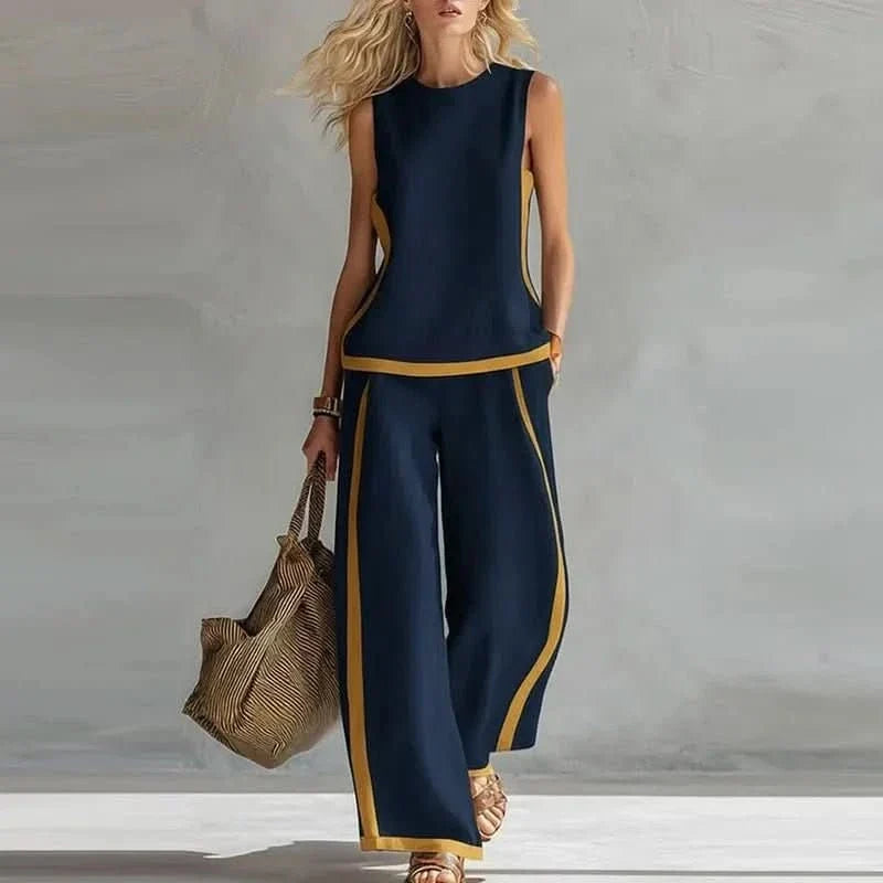 Sleeveless O Neck Top And High Waist Pants Set