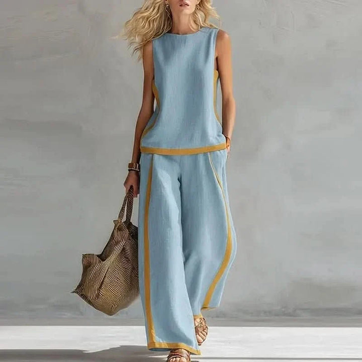 Sleeveless O Neck Top And High Waist Pants Set