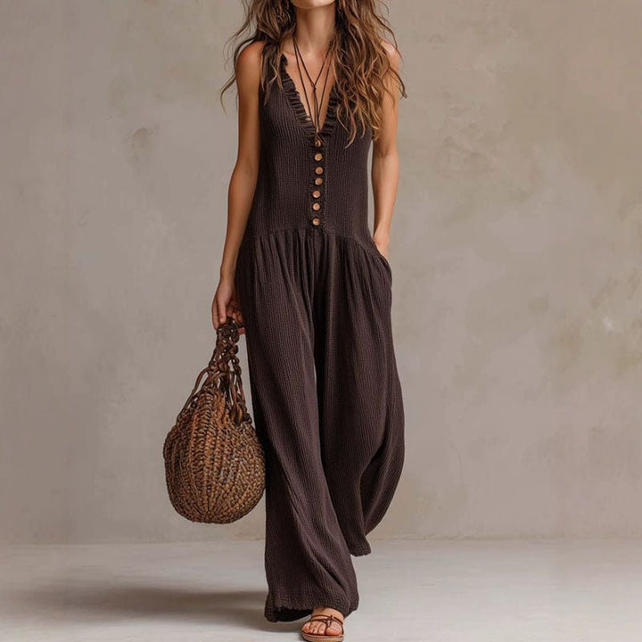 Ruched V Neck Wide Leg Jumpsuit