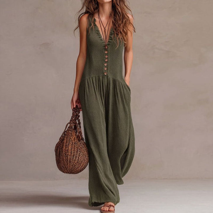 Ruched V Neck Wide Leg Jumpsuit