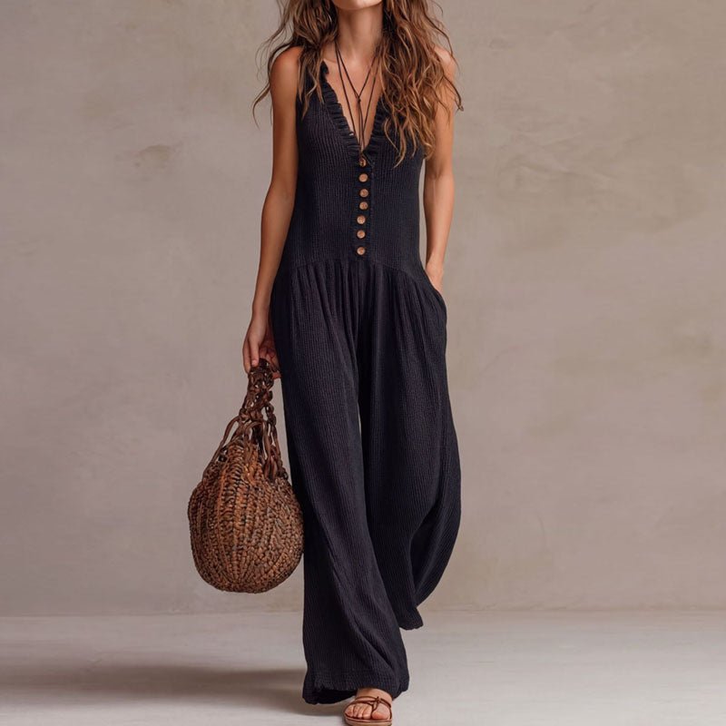 Ruched V Neck Wide Leg Jumpsuit