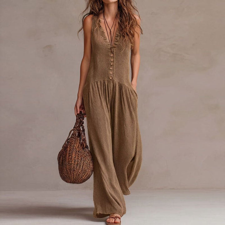 Ruched V Neck Wide Leg Jumpsuit