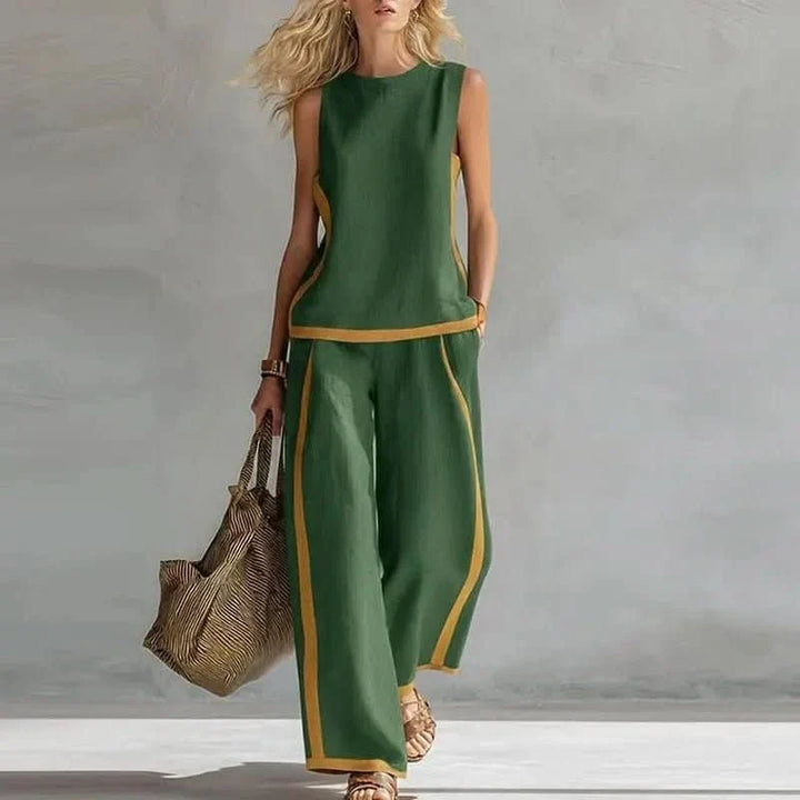 Sleeveless O Neck Top And High Waist Pants Set
