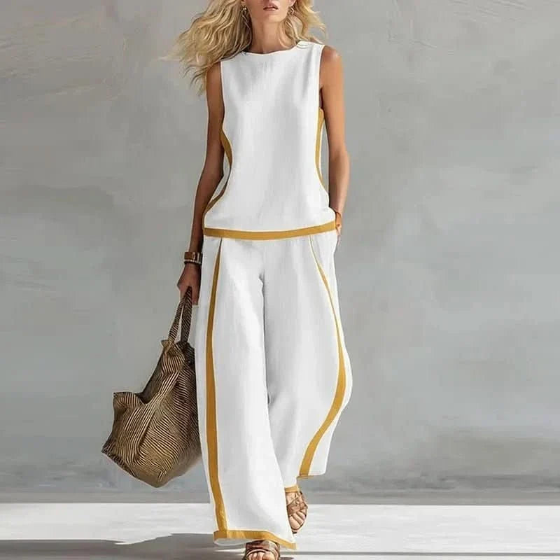 Sleeveless O Neck Top And High Waist Pants Set