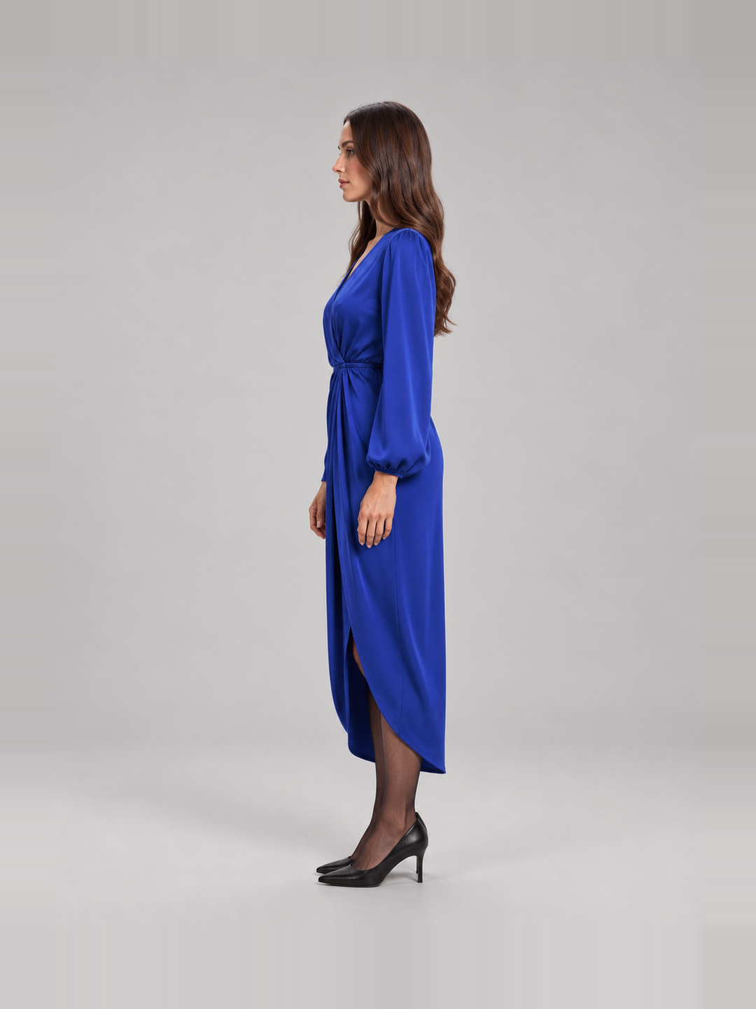 Tailored Midi Wrap Dress with Long Sleeves for Women – Tamsin