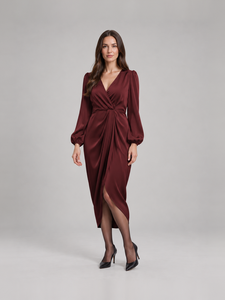 Tailored Midi Wrap Dress with Long Sleeves for Women – Tamsin