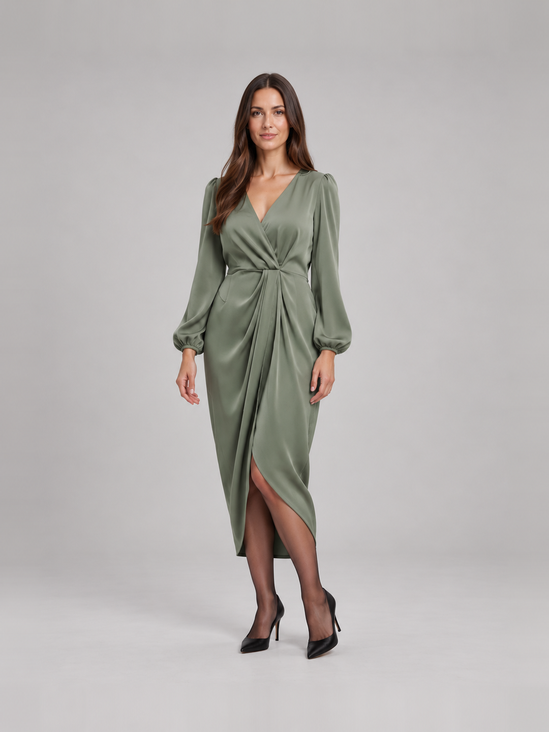 Tailored Midi Wrap Dress with Long Sleeves for Women – Tamsin