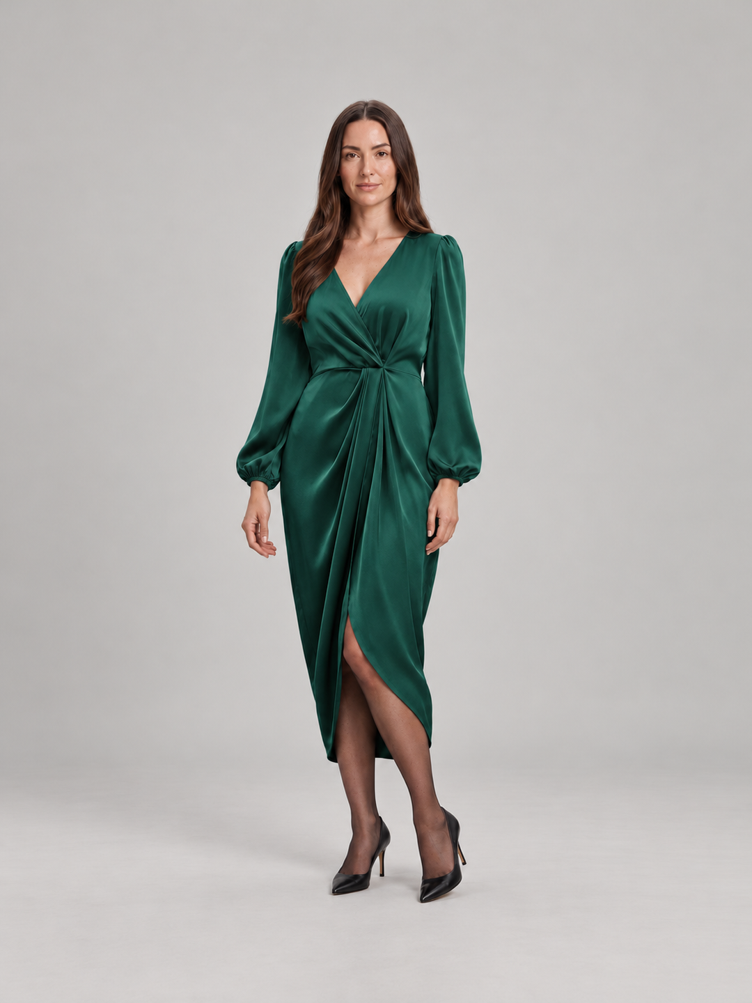 Tailored Midi Wrap Dress with Long Sleeves for Women – Tamsin