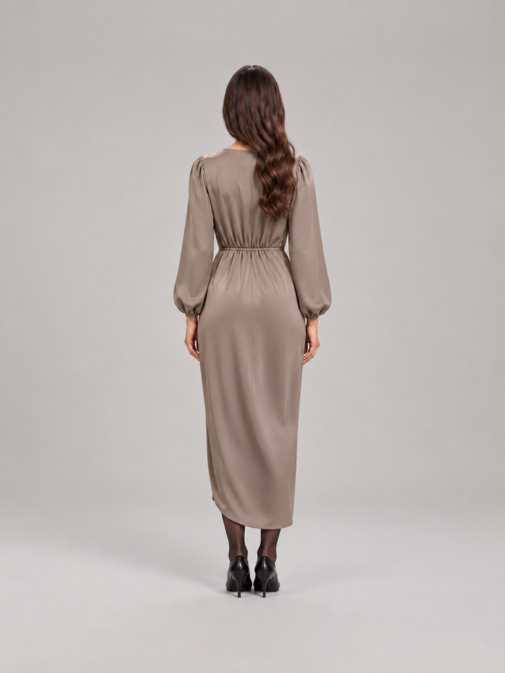 Tailored Midi Wrap Dress with Long Sleeves for Women – Tamsin