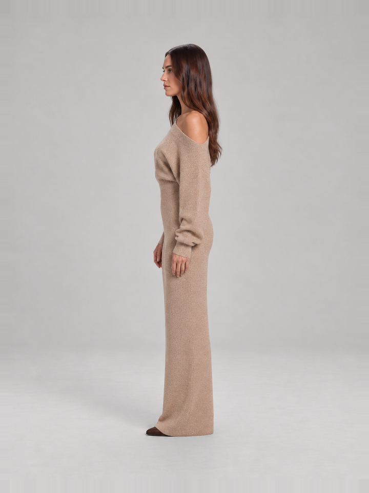 Knitted Off-Shoulder Maxi Dress with Long Sleeves for Women – Ursula