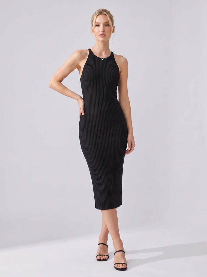 Agnes | Ribbed Halter Neck Bodycon Evening Midi Dress
