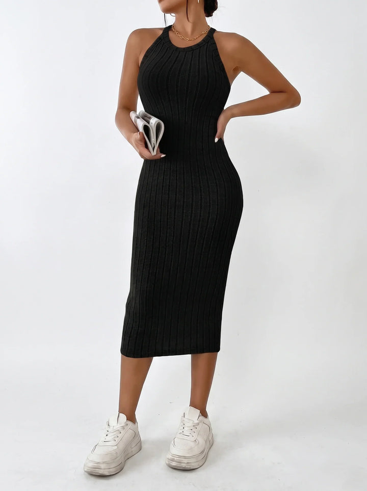 Agnes | Ribbed Halter Neck Bodycon Evening Midi Dress