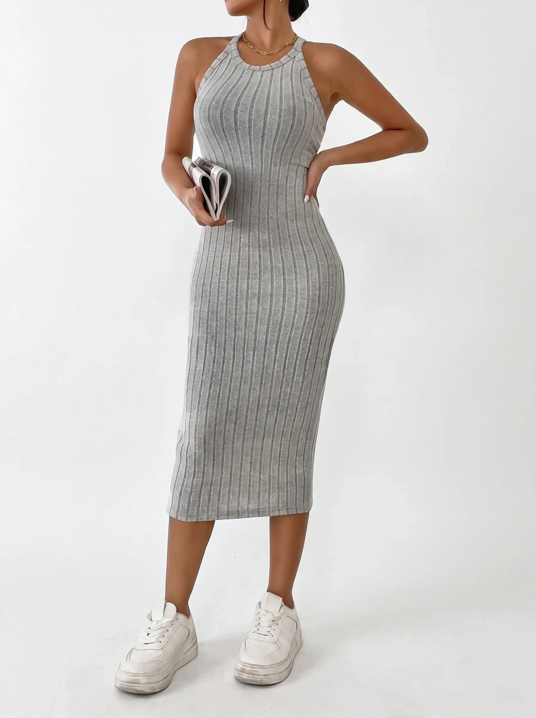 Agnes | Ribbed Halter Neck Bodycon Evening Midi Dress