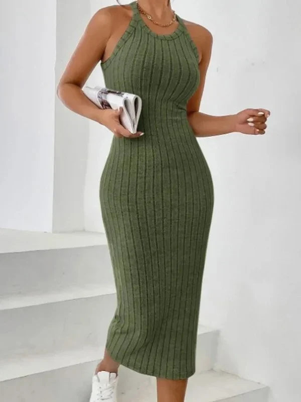 Agnes | Ribbed Halter Neck Bodycon Evening Midi Dress