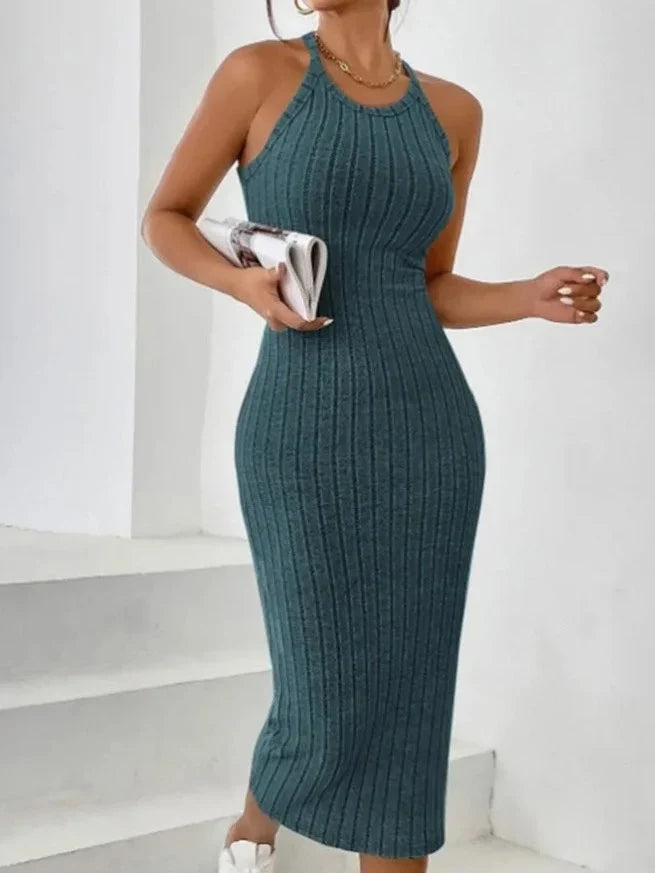 Agnes | Ribbed Halter Neck Bodycon Evening Midi Dress