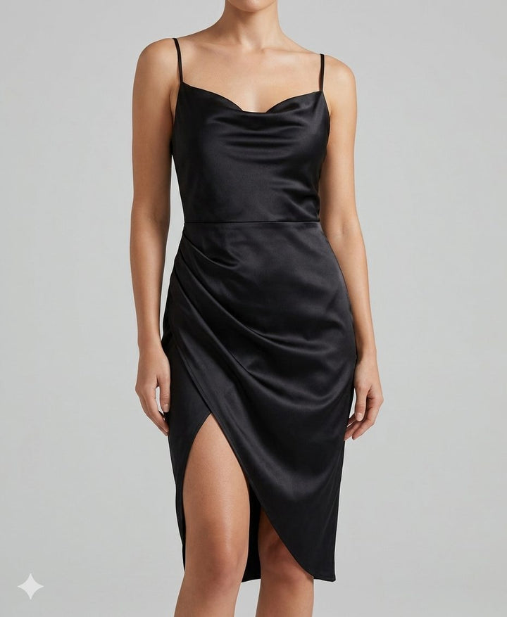 Ayla | Velvet Satin Slip Midi Dress with Leg Split for Women