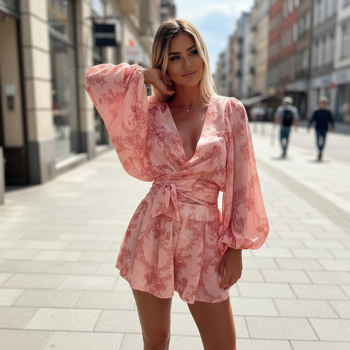 Wrap Front Two-Piece Short Set with Balloon Sleeves