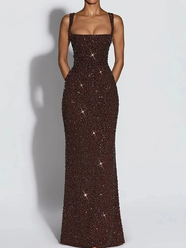 Danielle | Square Neck Sequin Bodycon Evening Maxi Dress