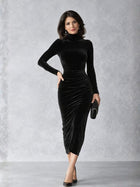 Dominique | Velvet Midi Dress with Long Sleeves and Ruching for Women