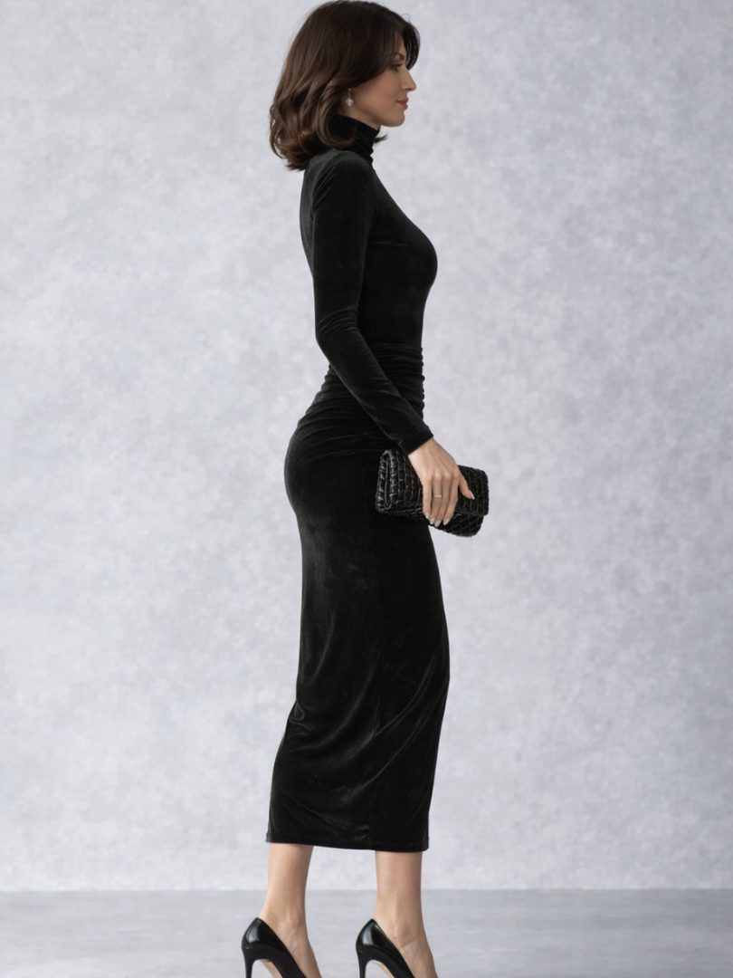 Dominique | Velvet Midi Dress with Long Sleeves and Ruching for Women