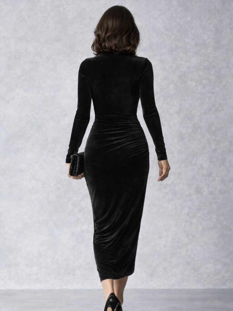 Dominique | Velvet Midi Dress with Long Sleeves and Ruching for Women