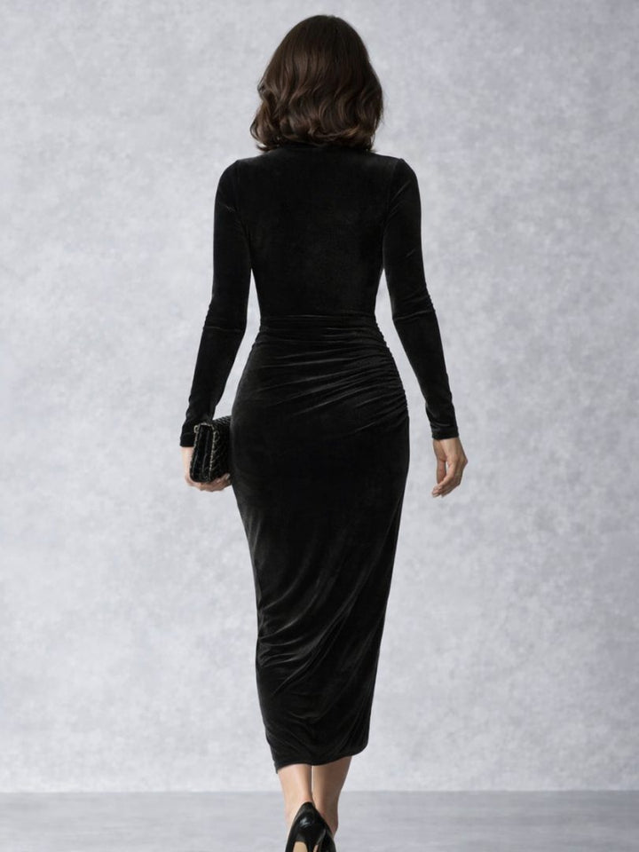 Dominique | Velvet Midi Dress with Long Sleeves and Ruching for Women