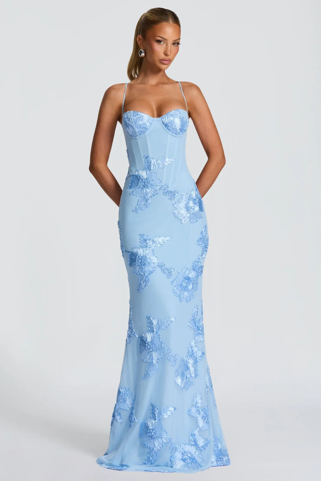 Dorothy | Strapless Light Blue Floral Evening Maxi Dress with Sweetheart Neckline