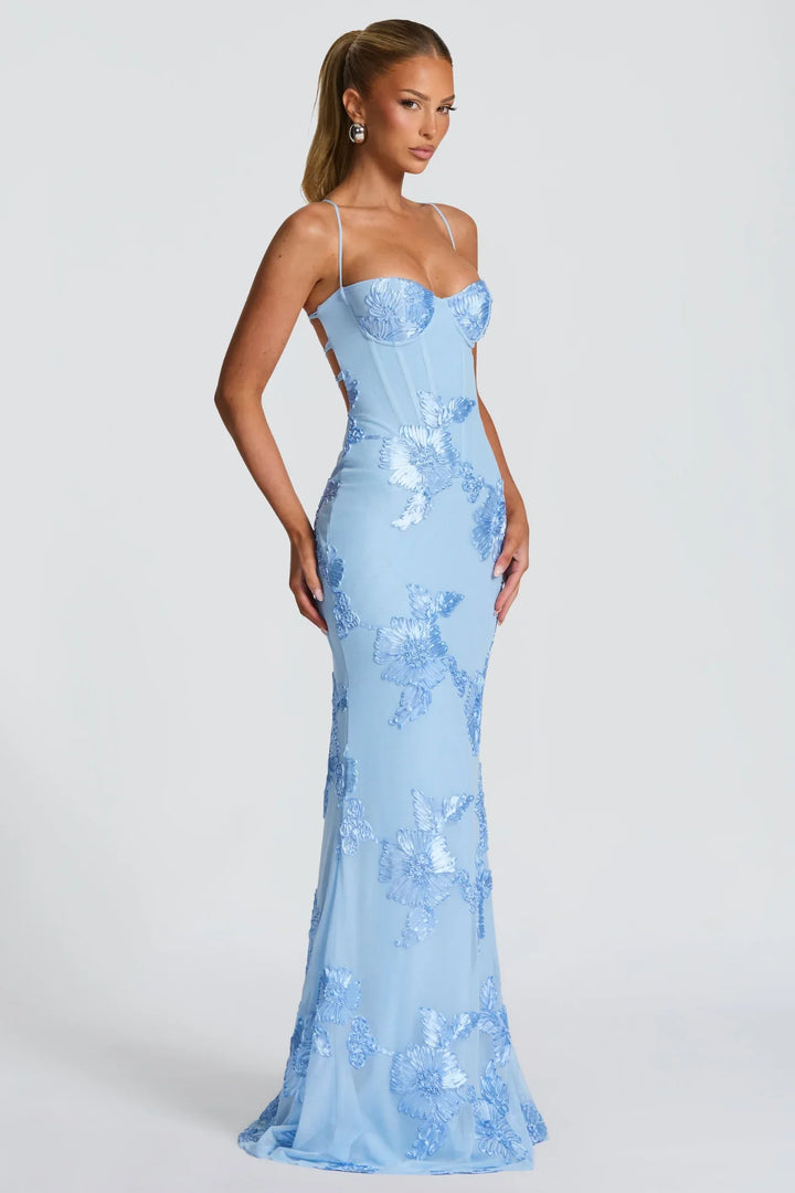 Dorothy | Strapless Light Blue Floral Evening Maxi Dress with Sweetheart Neckline