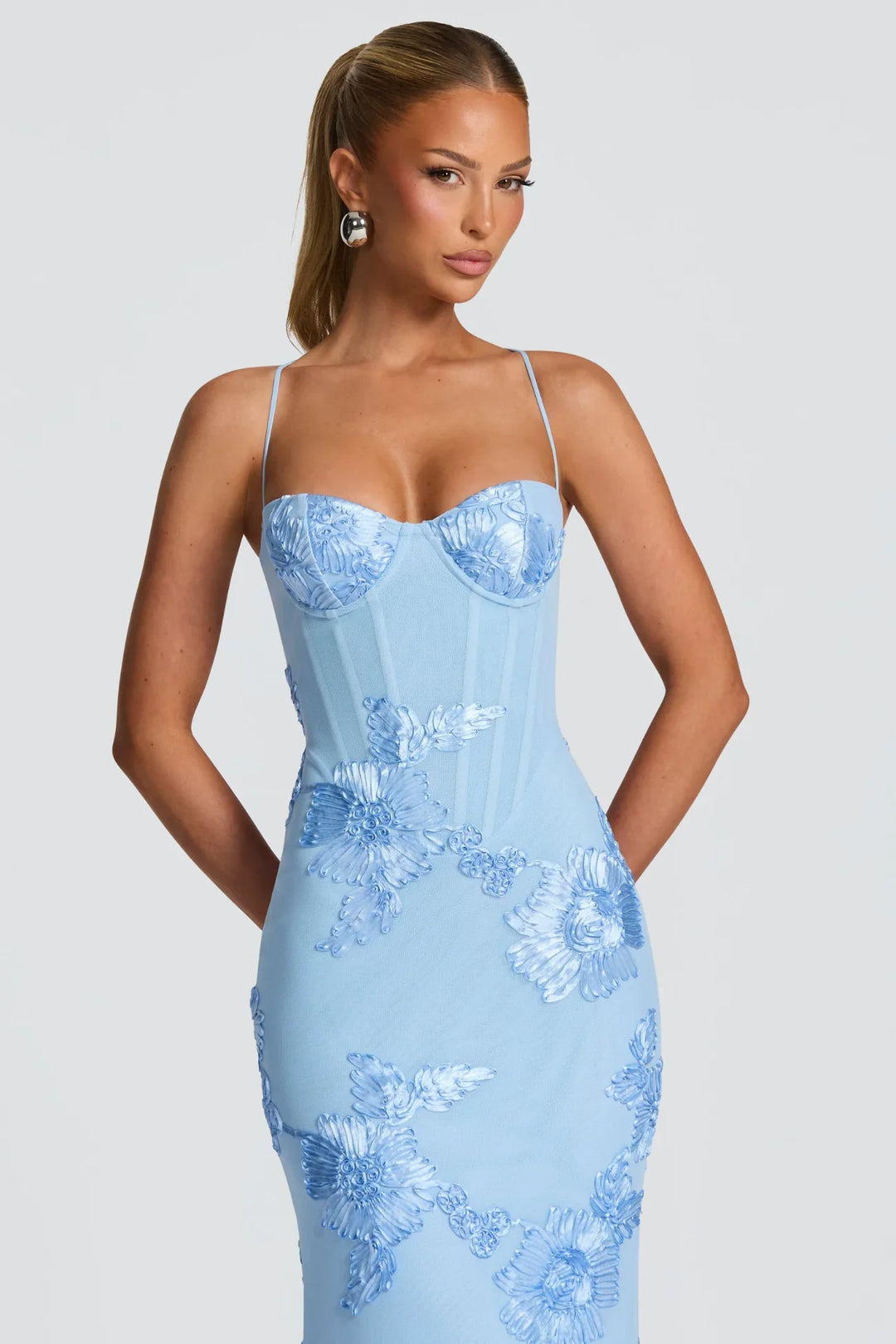 Dorothy | Strapless Light Blue Floral Evening Maxi Dress with Sweetheart Neckline