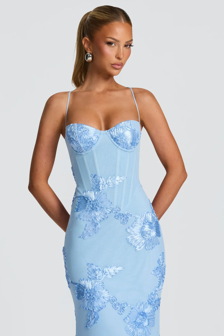 Dorothy | Strapless Light Blue Floral Evening Maxi Dress with Sweetheart Neckline