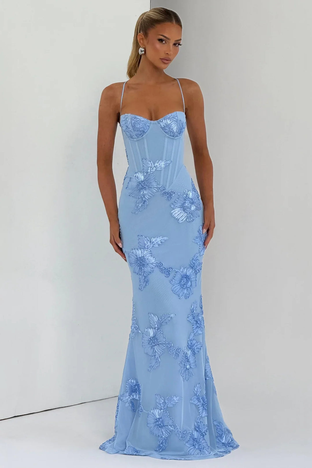 Dorothy | Strapless Light Blue Floral Evening Maxi Dress with Sweetheart Neckline