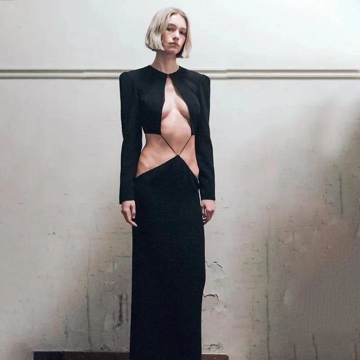 Eliza | Black Cut Out Long Sleeve Evening Maxi Dress