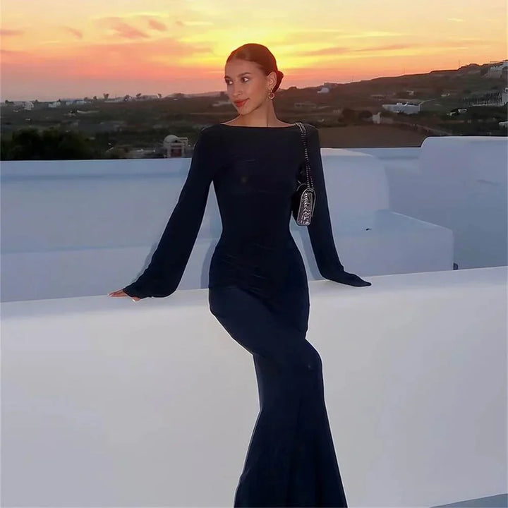 Evie | Long Sleeve Evening Maxi Dress with Open Back