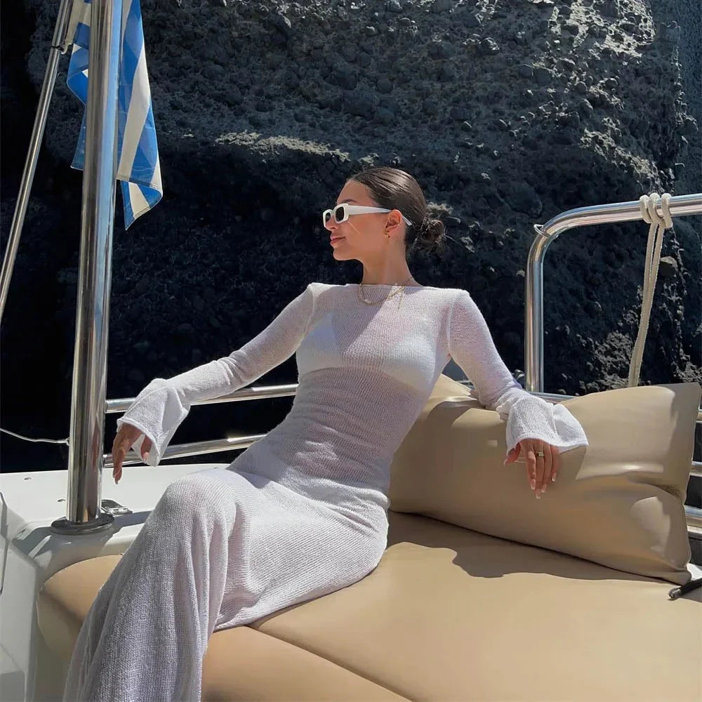Evie | Long Sleeve Evening Maxi Dress with Open Back