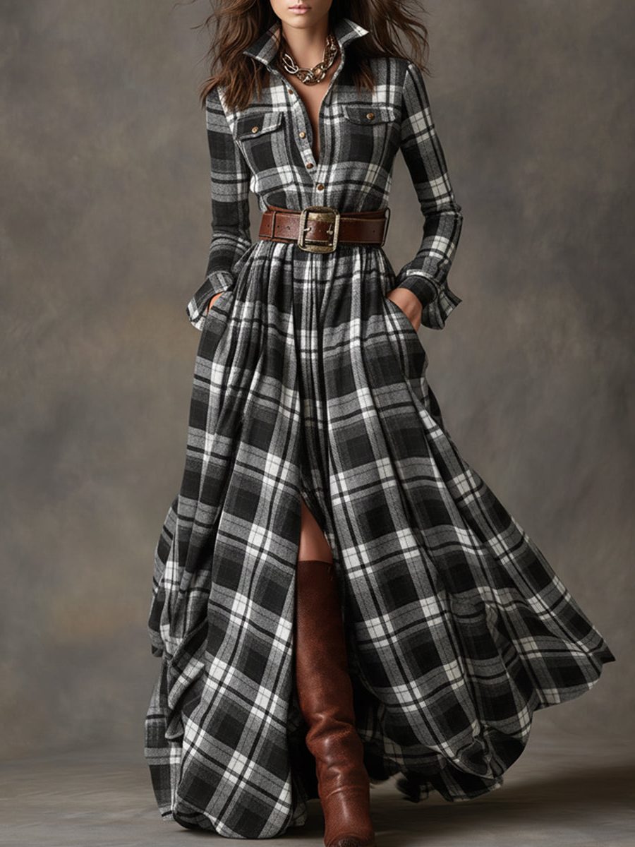 Harlow | Plaid A-Line Maxi Shirt Dress with Long Sleeves and Belt for Women