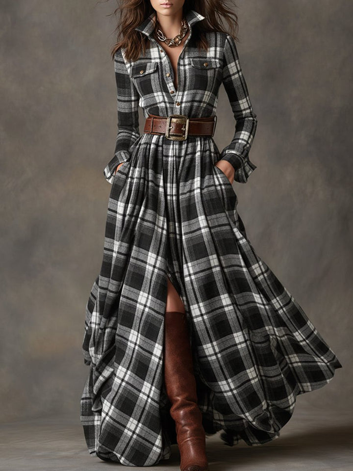 Harlow | Plaid A-Line Maxi Shirt Dress with Long Sleeves and Belt for Women