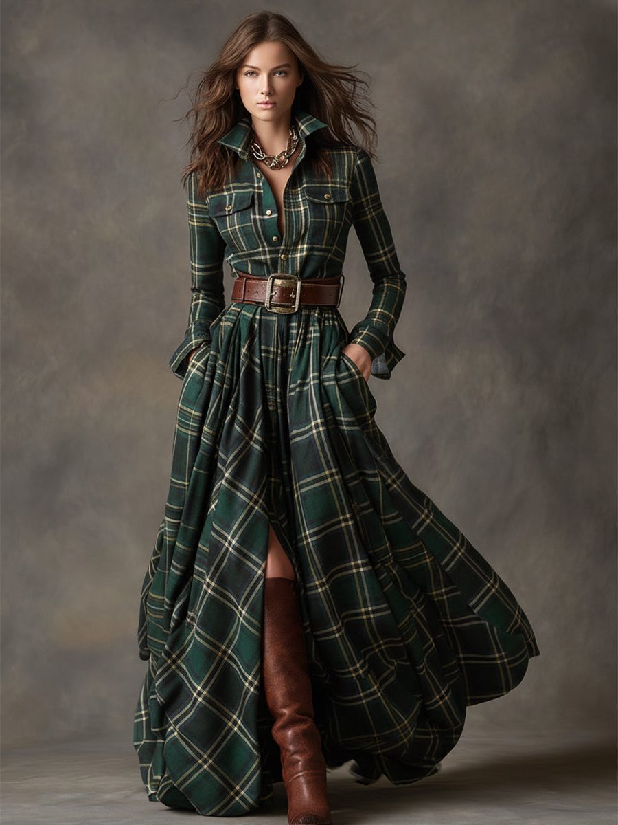 Harlow | Plaid A-Line Maxi Shirt Dress with Long Sleeves and Belt for Women
