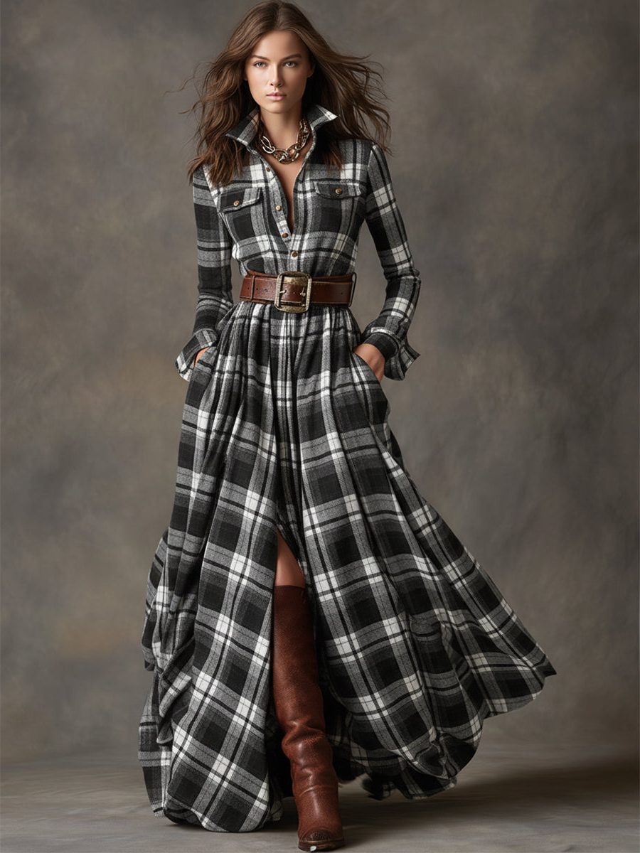 Harlow | Plaid A-Line Maxi Shirt Dress with Long Sleeves and Belt for Women