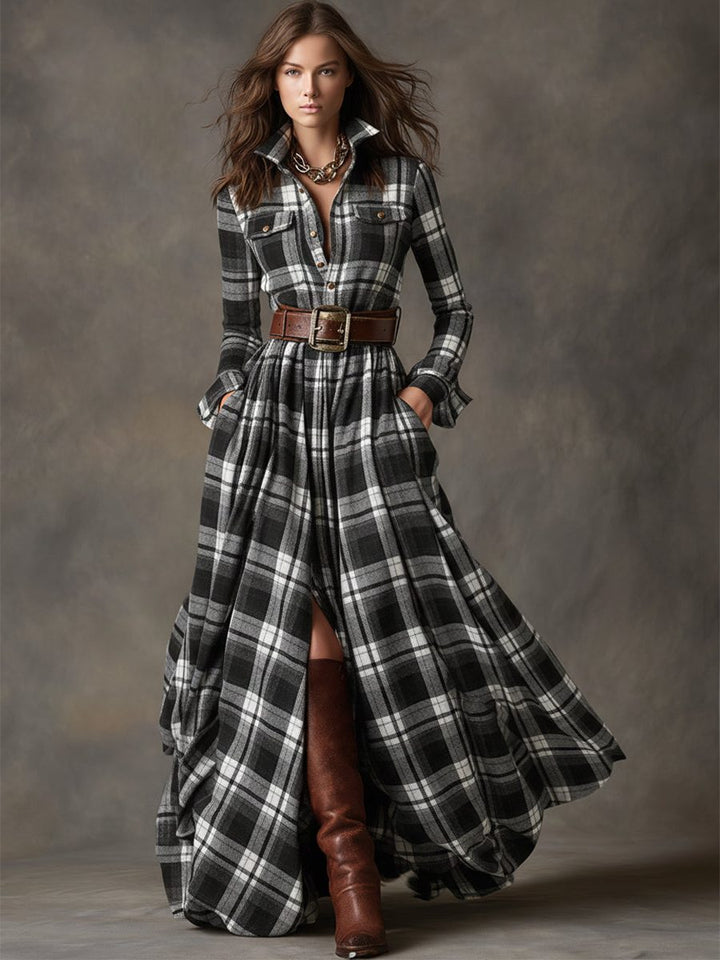 Harlow | Plaid A-Line Maxi Shirt Dress with Long Sleeves and Belt for Women